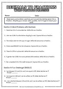 Free Decimals as Fractions Worksheets - Teach Prints