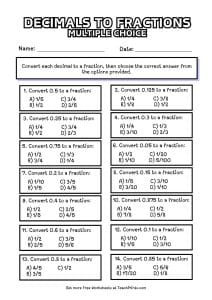 Free Decimals as Fractions Worksheets - Teach Prints