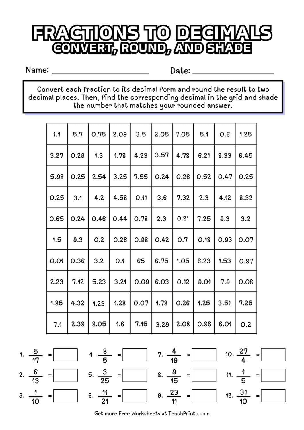 fractions as decimals worksheet