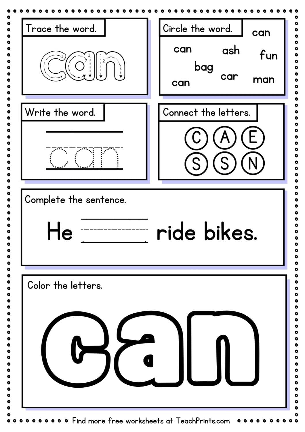 Free Sight Word #39 Can #39 Worksheets Teach Prints