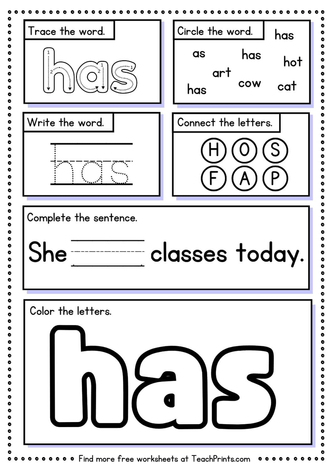 sight word has worksheet