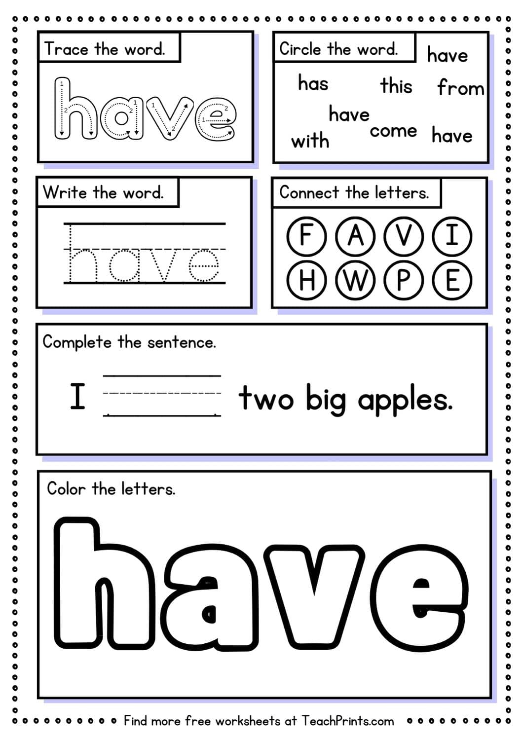 Free Sight Word 'Have' Worksheets 3 sight word have worksheet