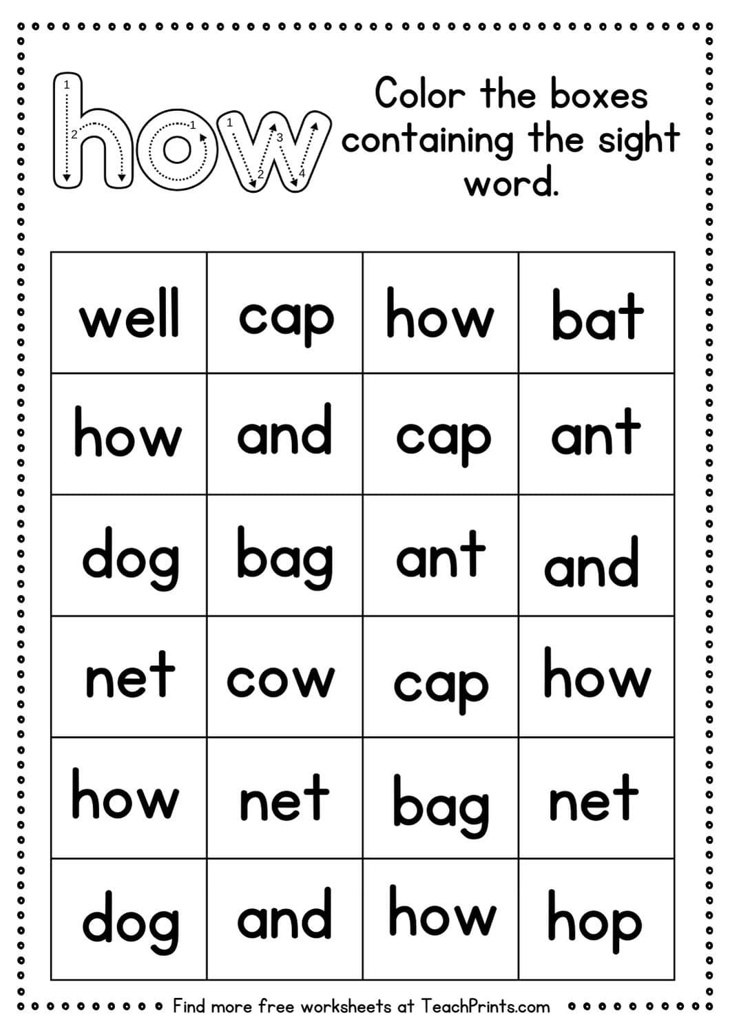 Free sight word how worksheets teach prints