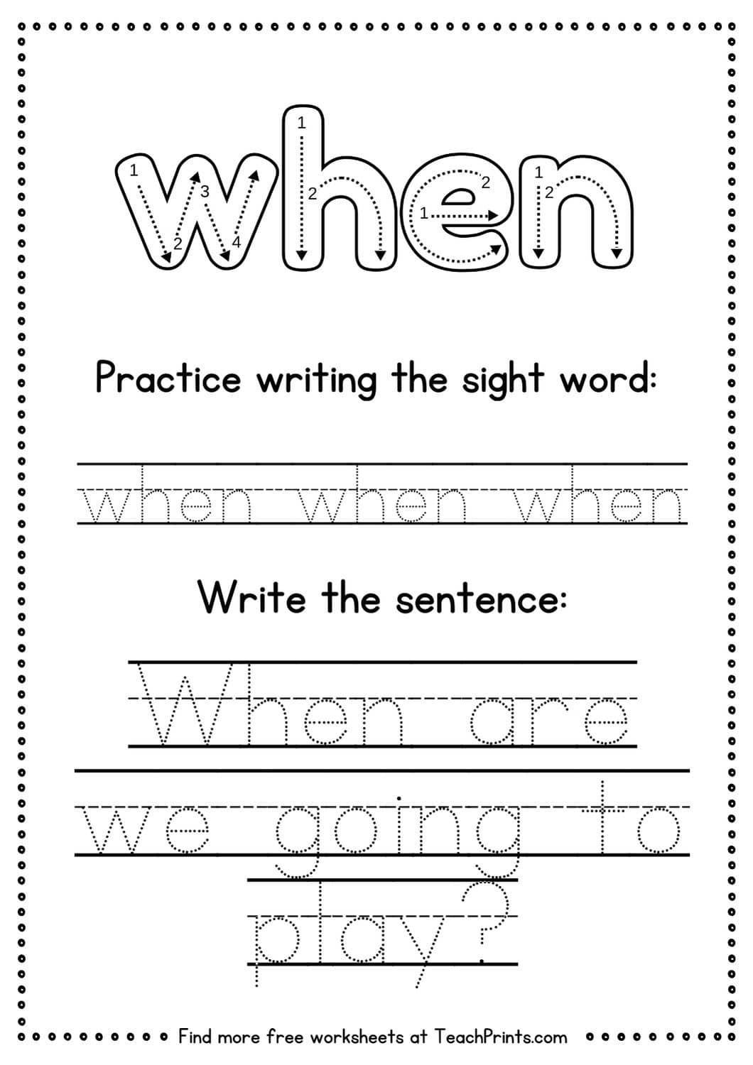 sight word when worksheet