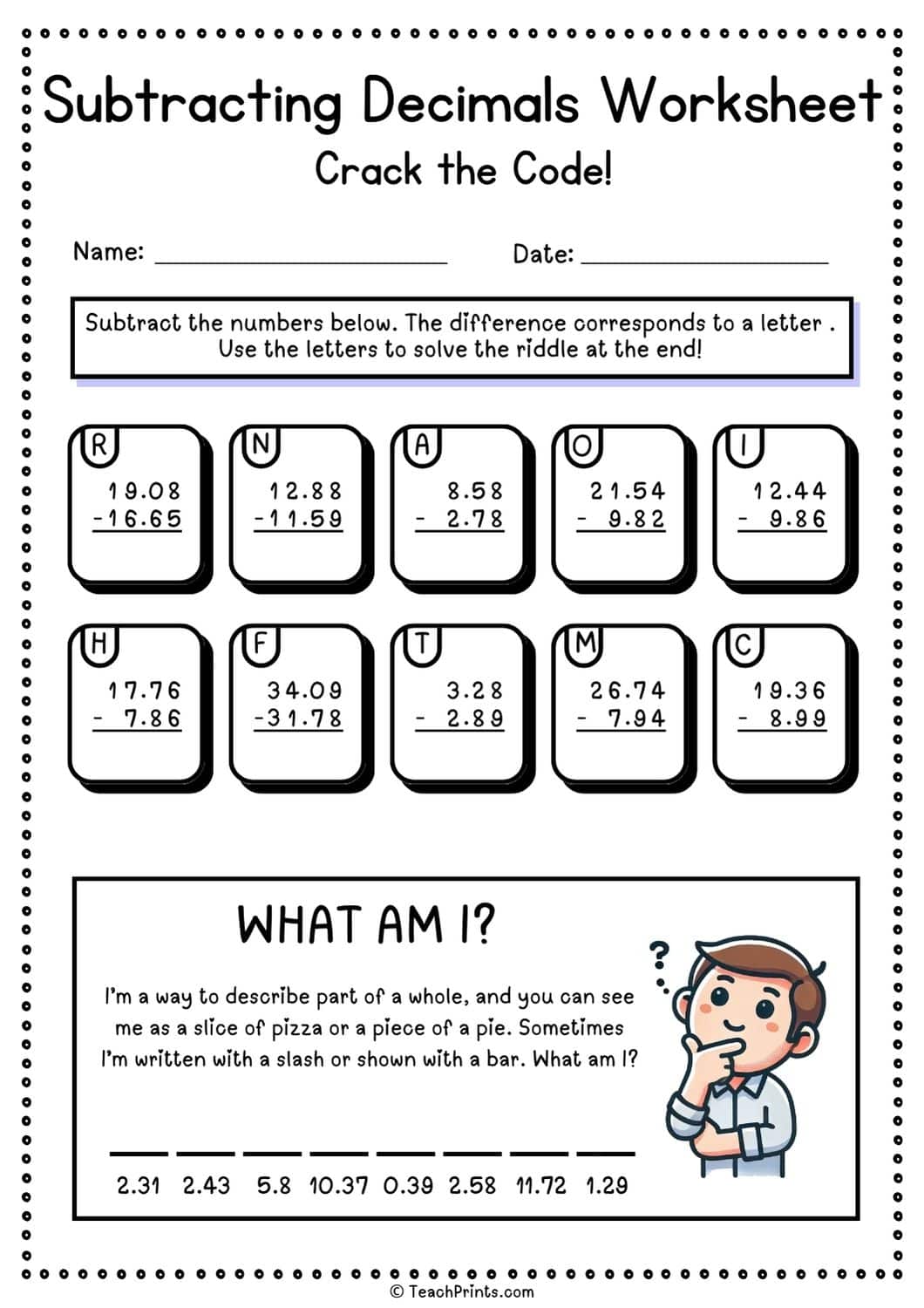 subtracting decimals worksheet