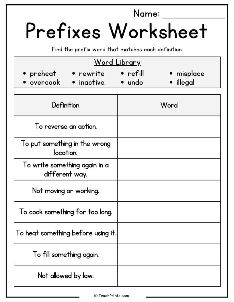Prefix Worksheet