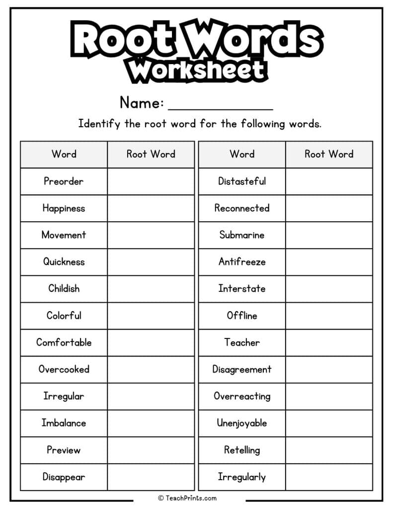 root words worksheet