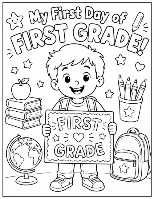 Free Back to School Coloring Pages 3 My First Day of First Grade coloring page with a boy holding a sign