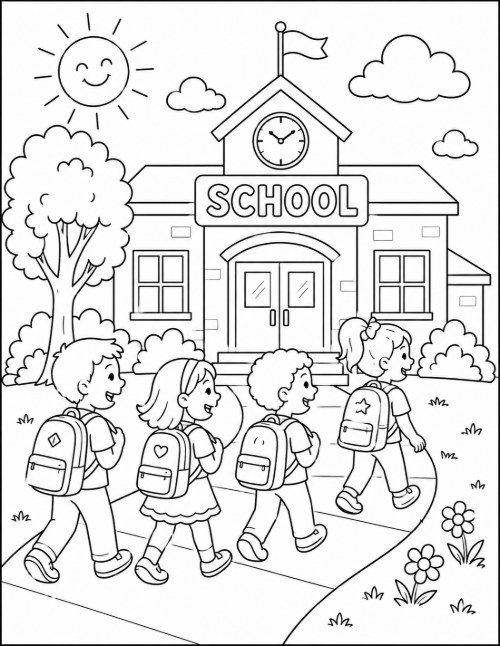 Free Back to School Coloring Pages 4 Coloring page of four children walking into a school building