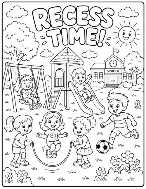 Free Back to School Coloring Pages 5 Recess Time coloring page with a playground, swings, slide, and soccer ball
