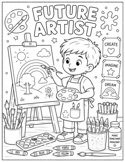 Free Back to School Coloring Pages 6 Future Artist coloring page with a boy painting at an easel