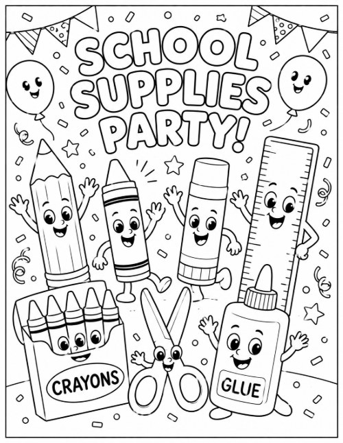 Free Back to School Coloring Pages 7 School Supplies Party coloring page with smiling cartoon pencil, crayon, and glue