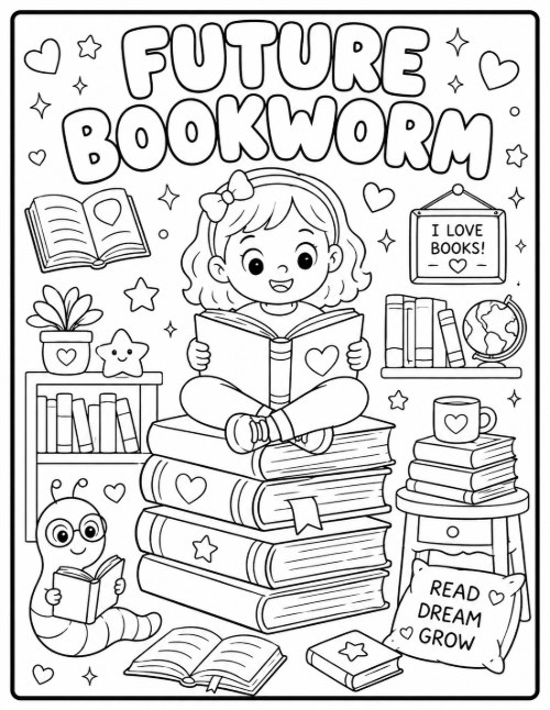 Free Back to School Coloring Pages 8 Future Bookworm coloring page with a girl reading on a stack of books