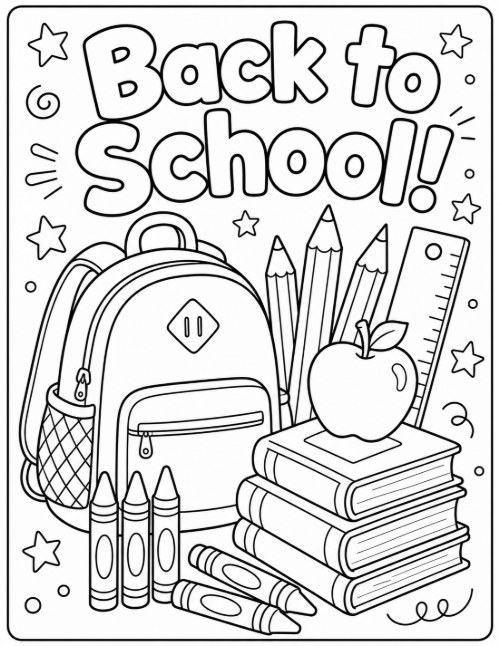 Free Back to School Coloring Pages 9 Back to School coloring page with a backpack, pencils, apple, and books