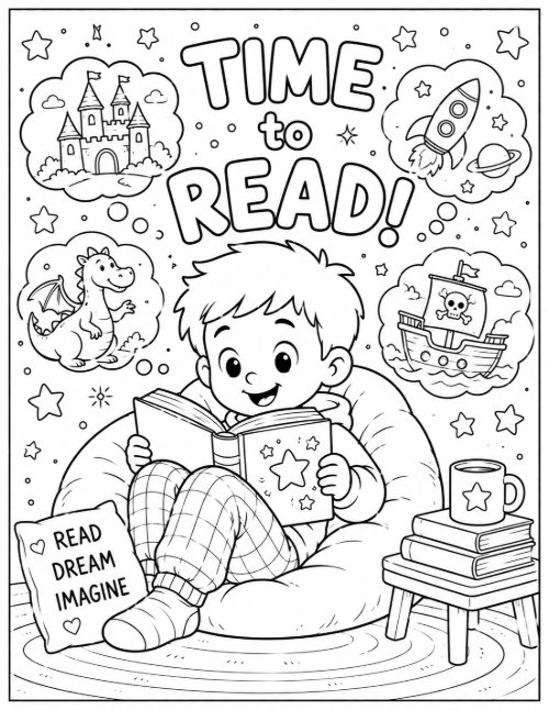 Free Back to School Coloring Pages 11 Time to Read coloring page with a boy in a beanbag and story thought bubbles