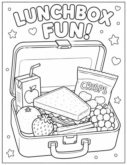 Free Back to School Coloring Pages 12 Lunchbox Fun coloring page with a sandwich, juice box, and fruit