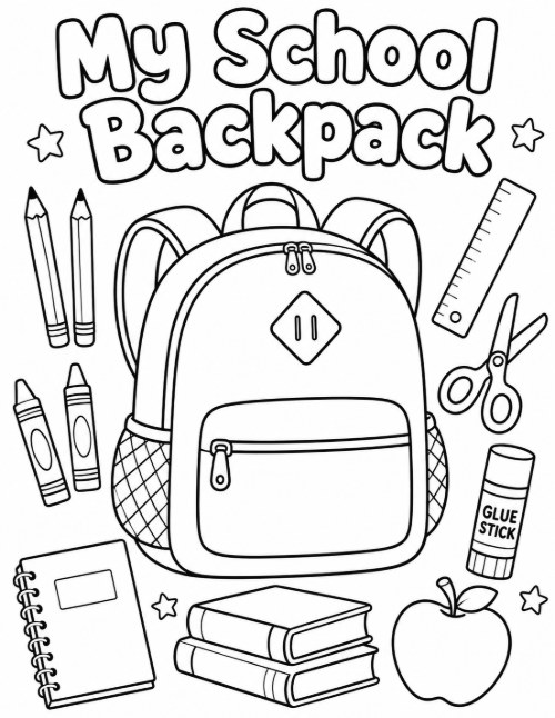 Free Back to School Coloring Pages 13 My School Backpack coloring page with supplies arranged around a backpack