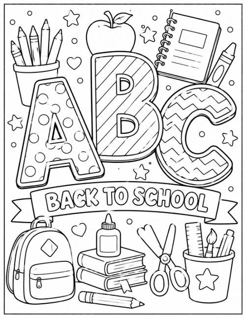 Free Back to School Coloring Pages 14 ABC Back to School coloring page with patterned letters and a banner