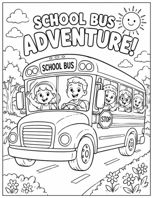 Free Back to School Coloring Pages 15 School Bus Adventure coloring page with children waving from a school bus
