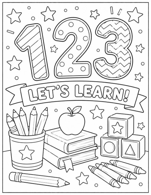 Free Back to School Coloring Pages 17 123 Let's Learn coloring page with patterned numbers, blocks, and an apple