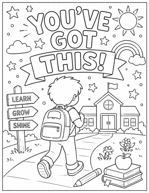 Free Back to School Coloring Pages 18 You've Got This coloring page with a boy walking toward school past a signpost