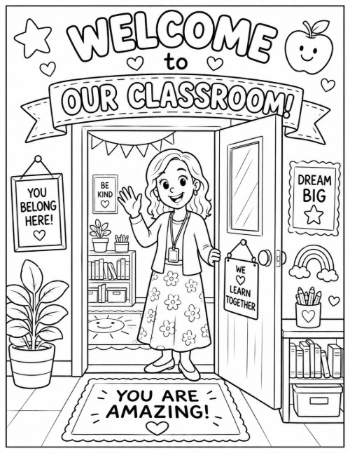 Free Back to School Coloring Pages 19 Welcome to Our Classroom coloring page with a teacher waving at the door
