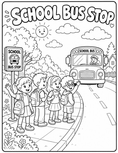Free Back to School Coloring Pages 20 School Bus Stop coloring page with children waiting at the curb