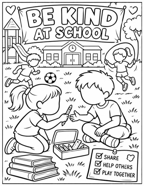 Free Back to School Coloring Pages 21 Be Kind at School coloring page with children sharing crayons on the grass