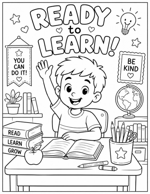 Free Back to School Coloring Pages 22 Ready to Learn coloring page with a boy raising his hand at his desk