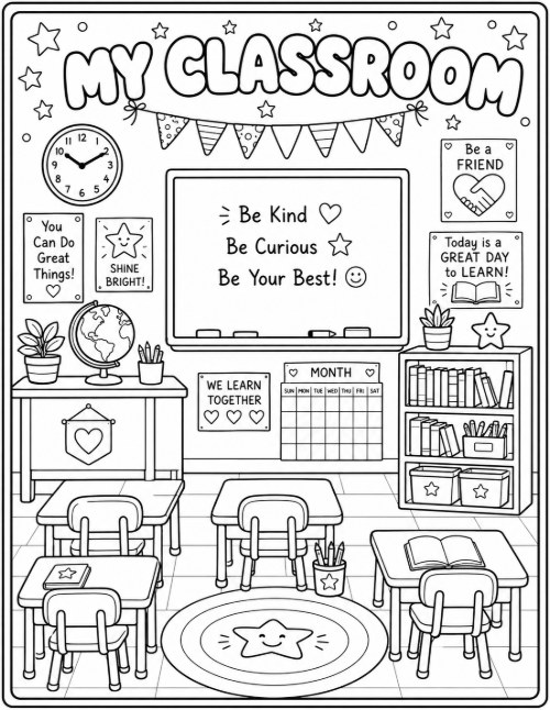 Free Back to School Coloring Pages 23 My Classroom coloring page with desks, a chalkboard, and bulletin boards