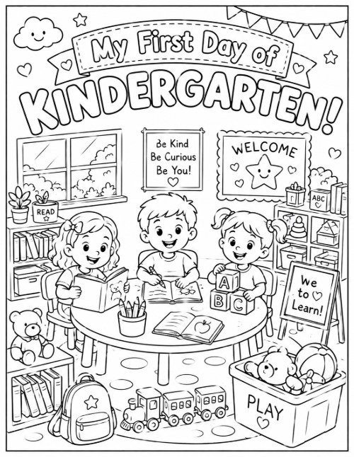 Free Back to School Coloring Pages 24 My First Day of Kindergarten coloring page with three children at a table