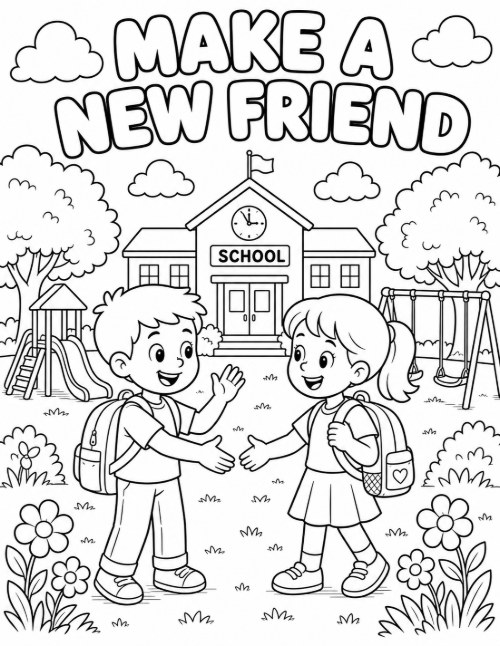 Free Back to School Coloring Pages 25 Make a New Friend coloring page with two children shaking hands outside school
