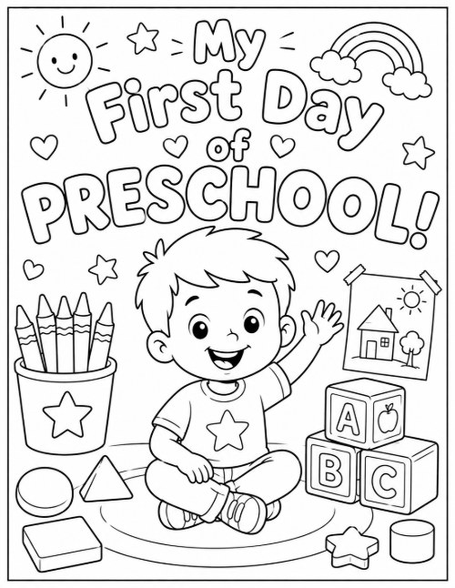 Free Back to School Coloring Pages 26 My First Day of Preschool coloring page with a boy sitting among blocks and shapes