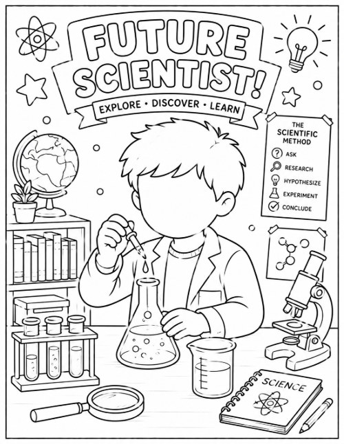 Free Back to School Coloring Pages 27 Future Scientist coloring page with a boy in a lab coat and a flask