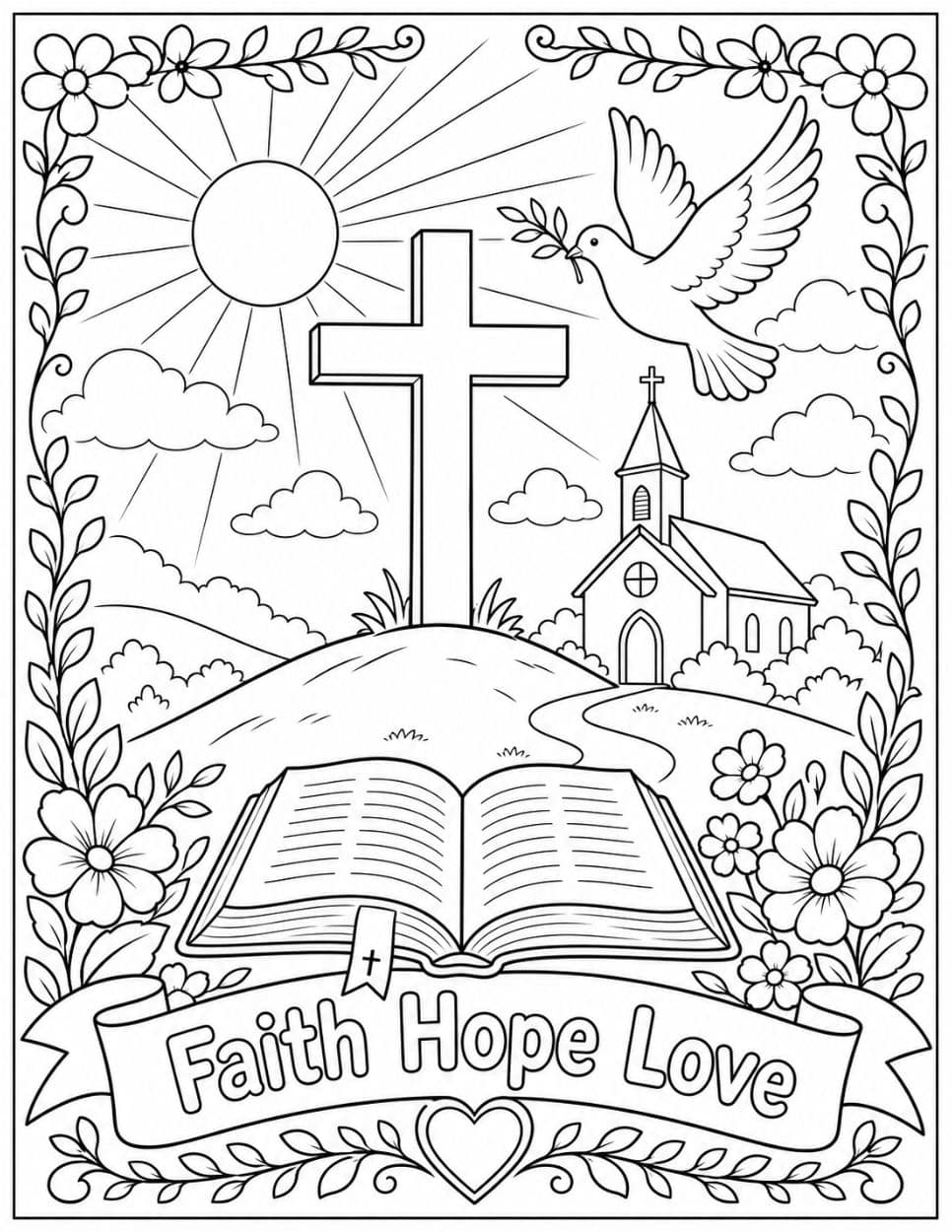 21 Free Christian-Themed Coloring Pages 3 Faith Hope Love coloring page with a cross, dove, church, and open Bible