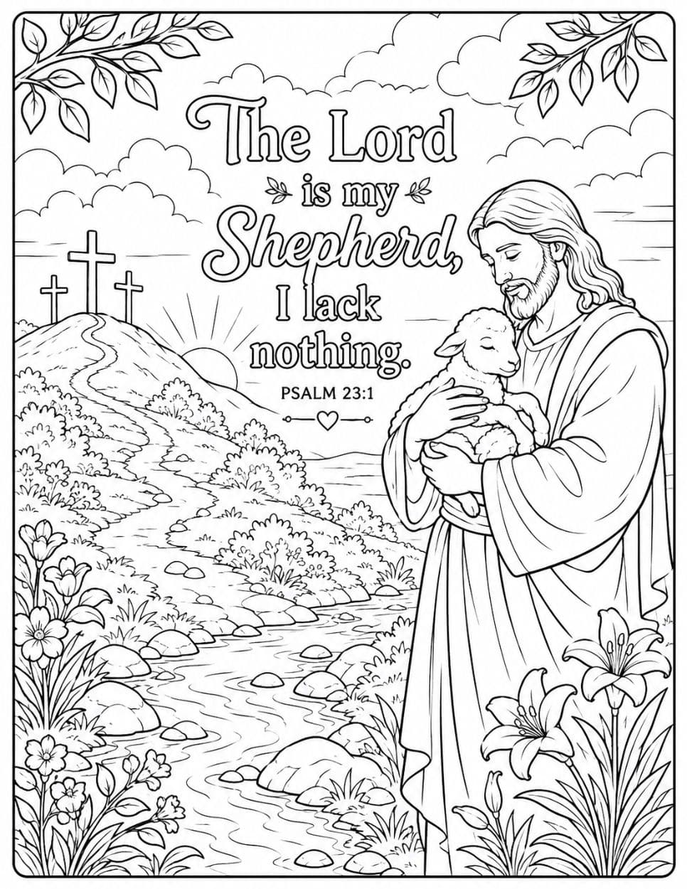 21 Free Christian-Themed Coloring Pages 4 Psalm 23:1 coloring page showing Jesus holding a lamb beside a stream