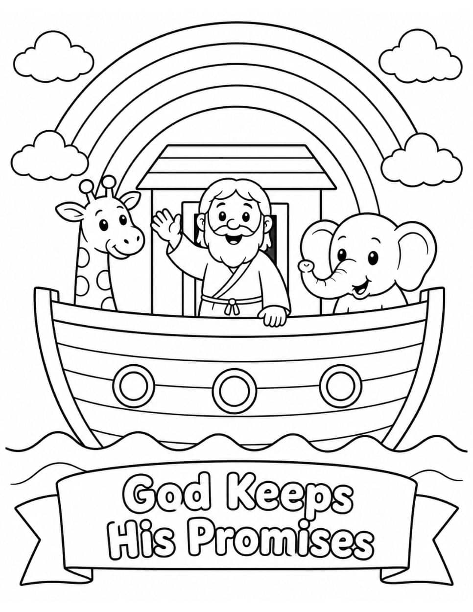 21 Free Christian-Themed Coloring Pages 5 God Keeps His Promises coloring page with Noah, a giraffe, an elephant, and a rainbow