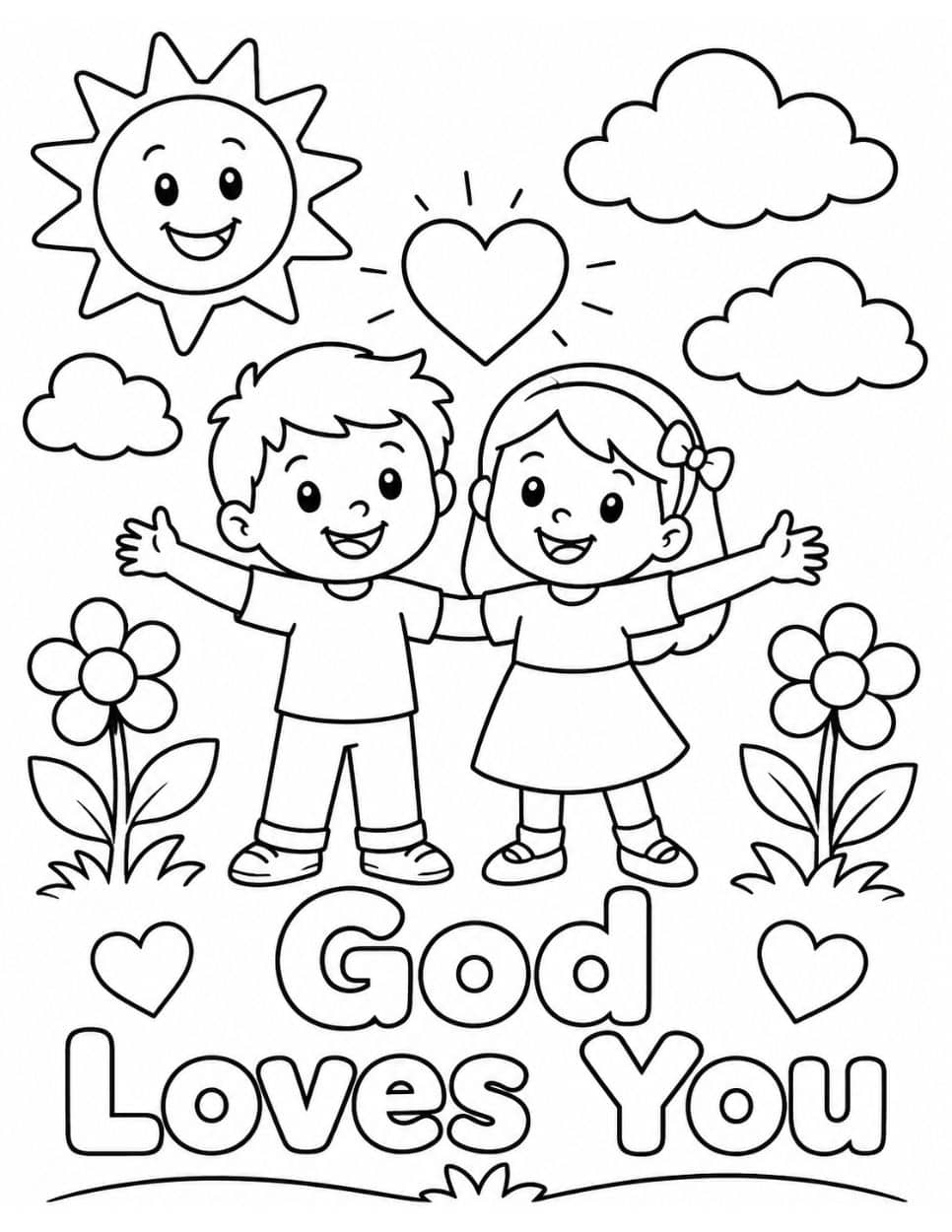 21 Free Christian-Themed Coloring Pages 6 God Loves You coloring page with two smiling children, a sun, and flowers