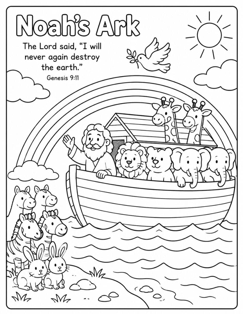 21 Free Christian-Themed Coloring Pages 7 Noah's Ark coloring page with a rainbow, dove, and many animals