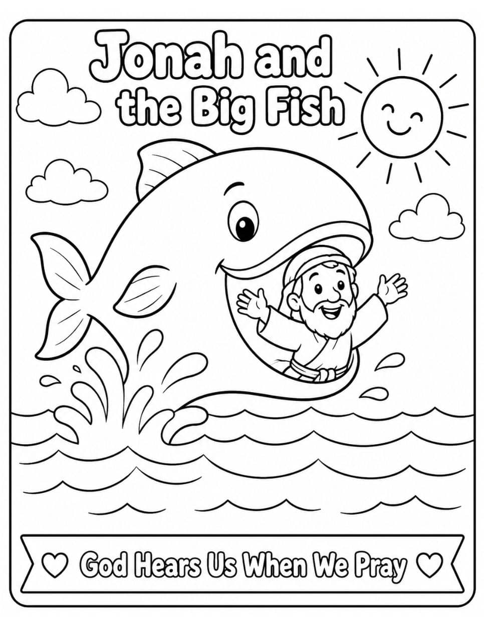 21 Free Christian-Themed Coloring Pages 8 Jonah and the Big Fish coloring page with a smiling whale and ocean waves