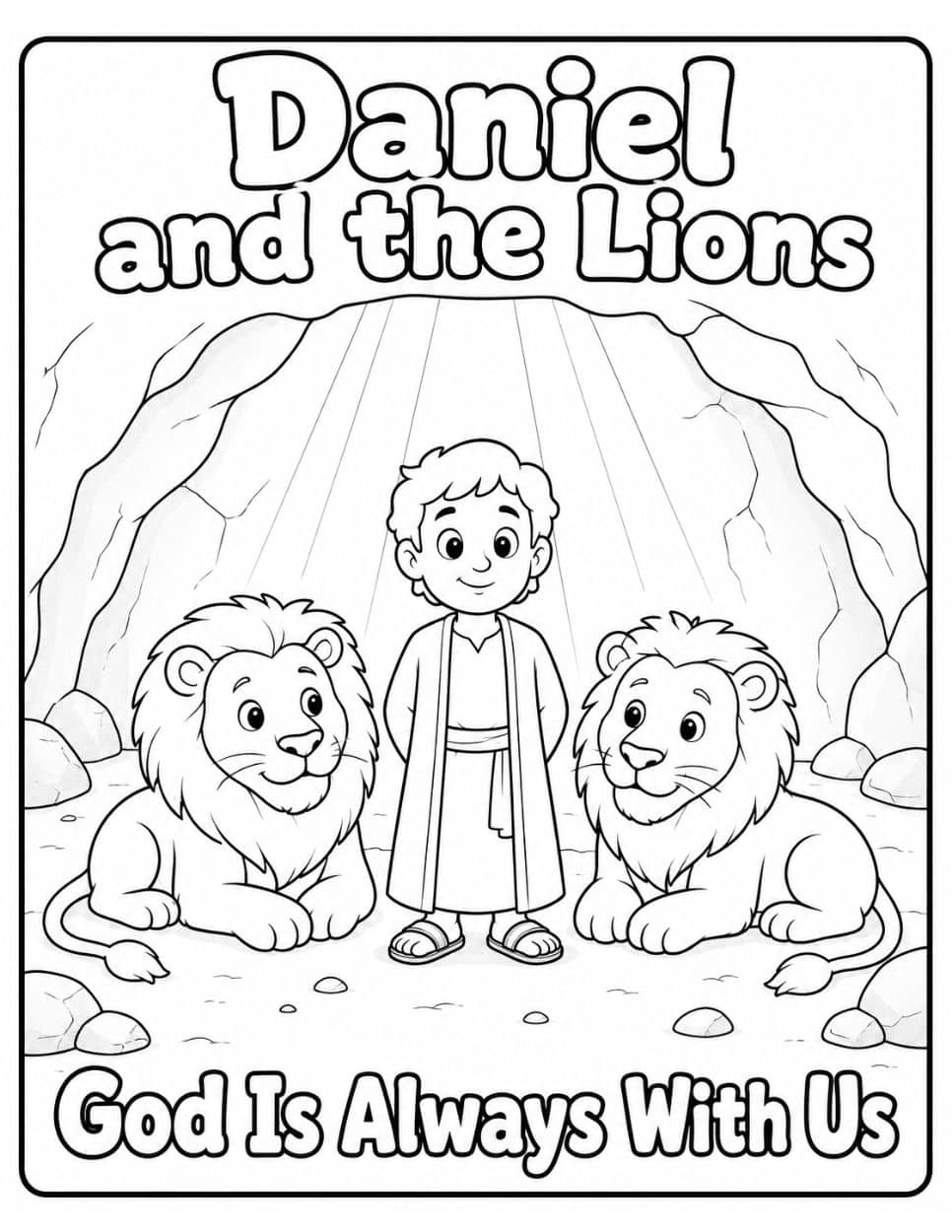 21 Free Christian-Themed Coloring Pages 9 Daniel and the Lions coloring page with Daniel standing between two calm lions