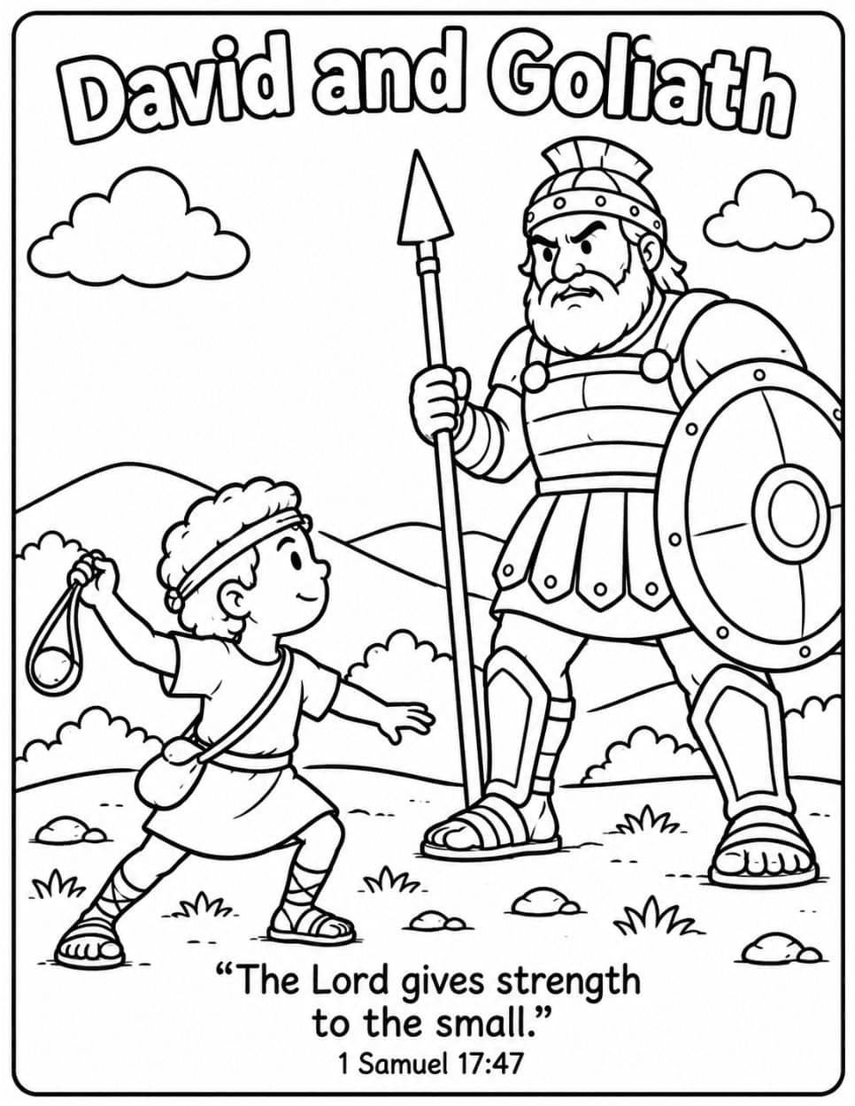 21 Free Christian-Themed Coloring Pages 10 David and Goliath coloring page with David swinging his sling at the armored giant