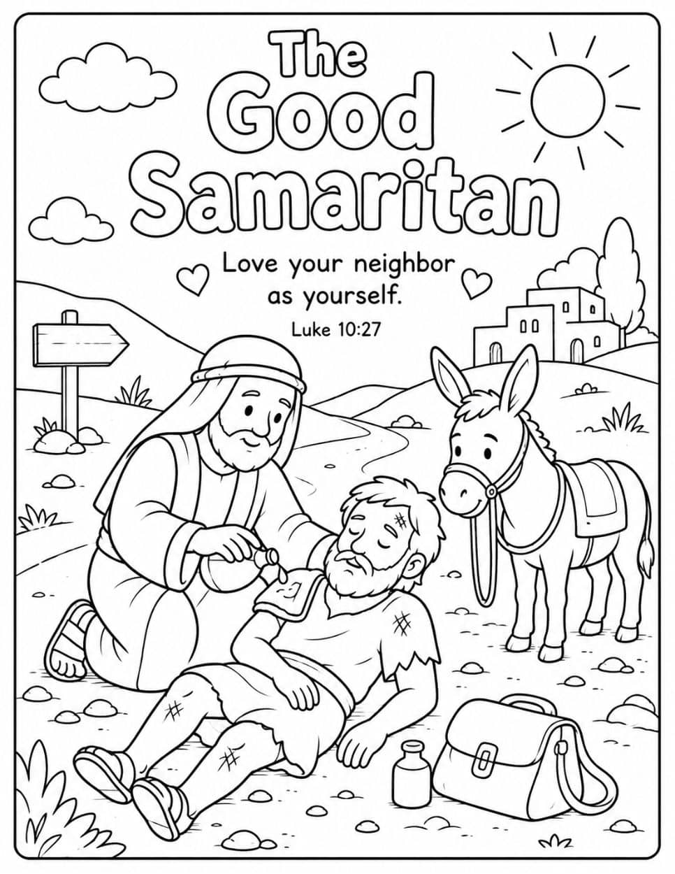 21 Free Christian-Themed Coloring Pages 11 The Good Samaritan coloring page showing a traveler helping an injured man with a donkey nearby