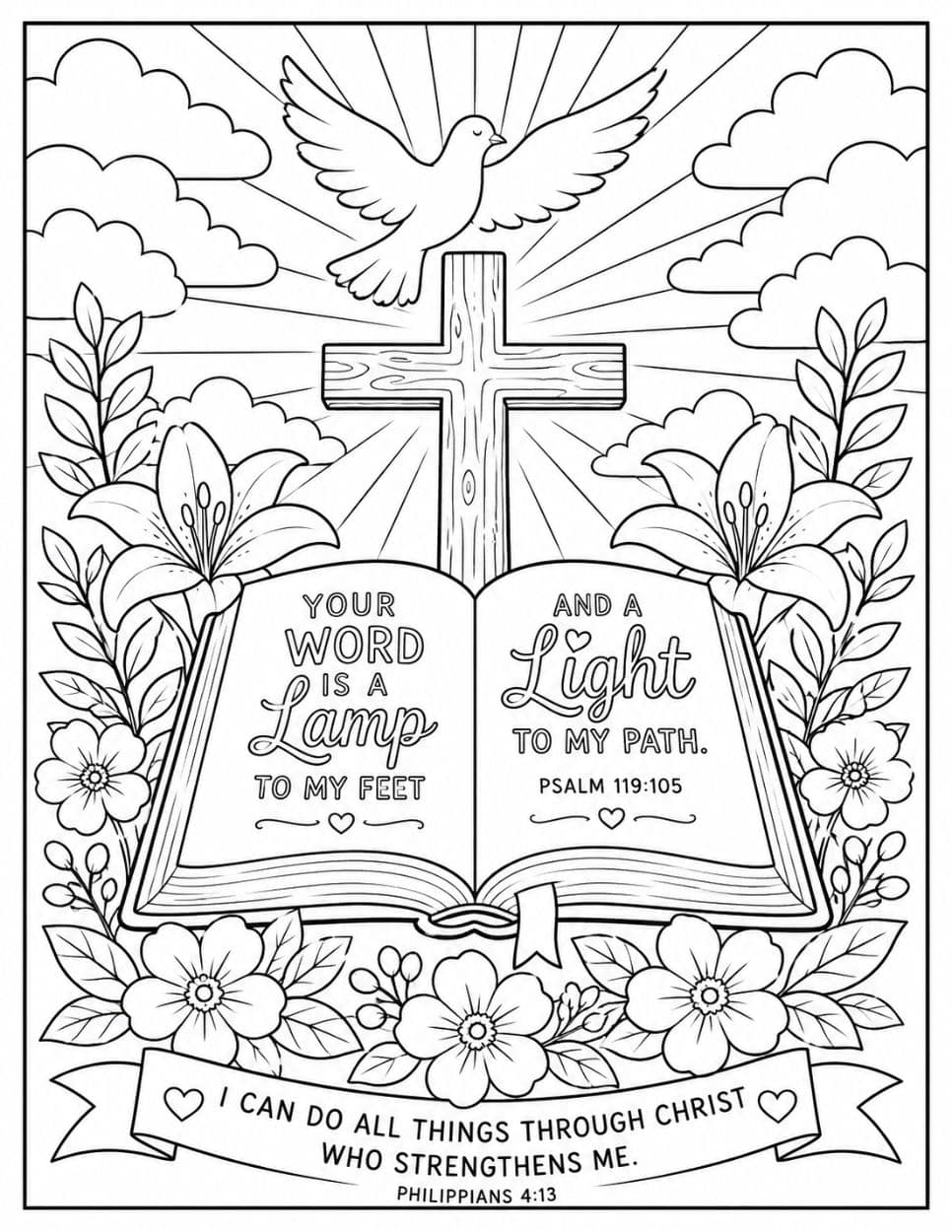 21 Free Christian-Themed Coloring Pages 12 Psalm 119:105 coloring page with an open Bible, wooden cross, dove, and lilies