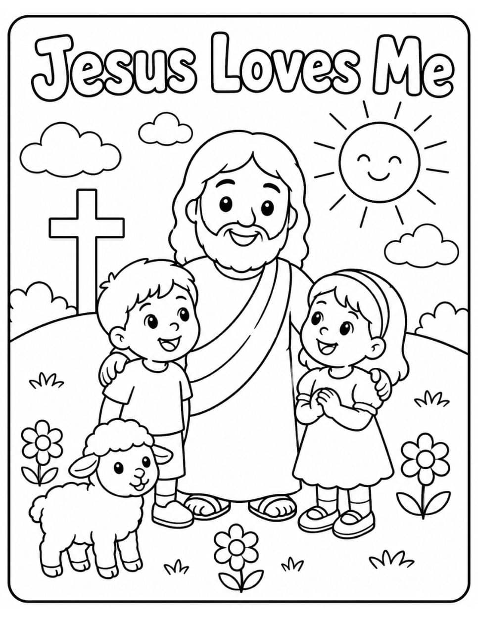 21 Free Christian-Themed Coloring Pages 13 Jesus Loves Me coloring page with Jesus, two children, and a lamb