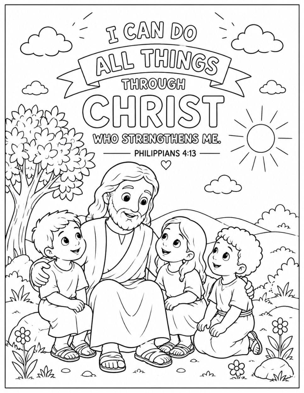 21 Free Christian-Themed Coloring Pages 14 Philippians 4:13 coloring page with Jesus seated among three children
