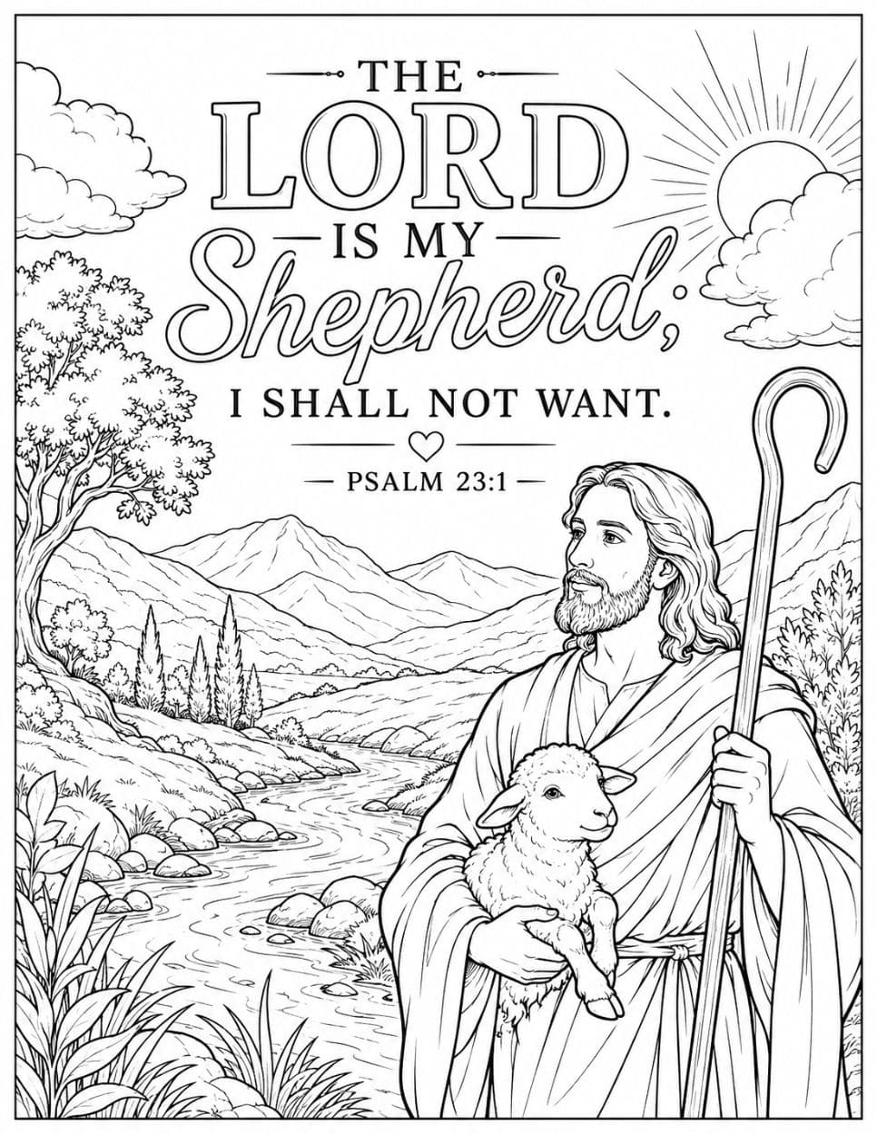 21 Free Christian-Themed Coloring Pages 15 Psalm 23 coloring page with the shepherd holding a lamb and staff in a mountain valley