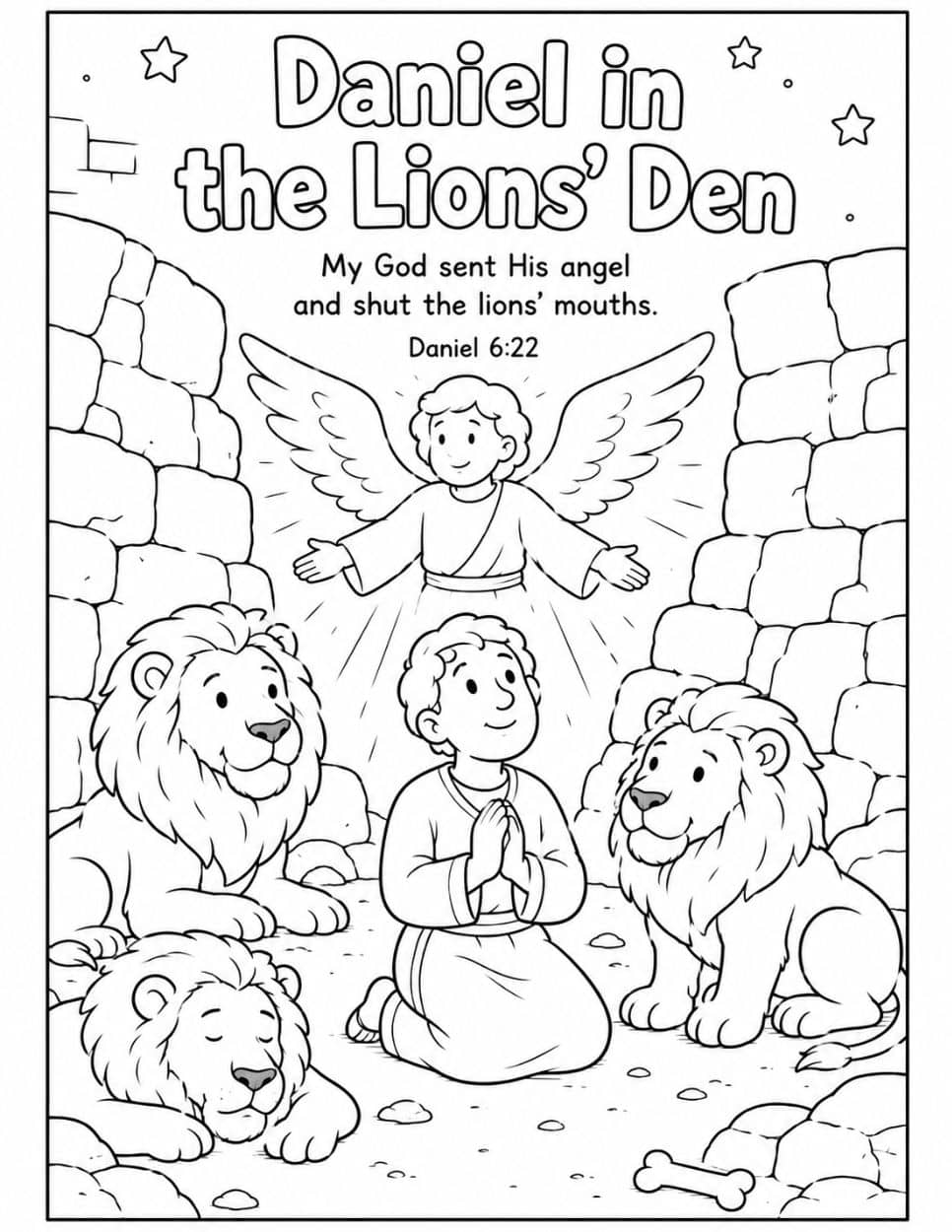21 Free Christian-Themed Coloring Pages 16 Daniel in the Lions' Den coloring page with an angel above three lions