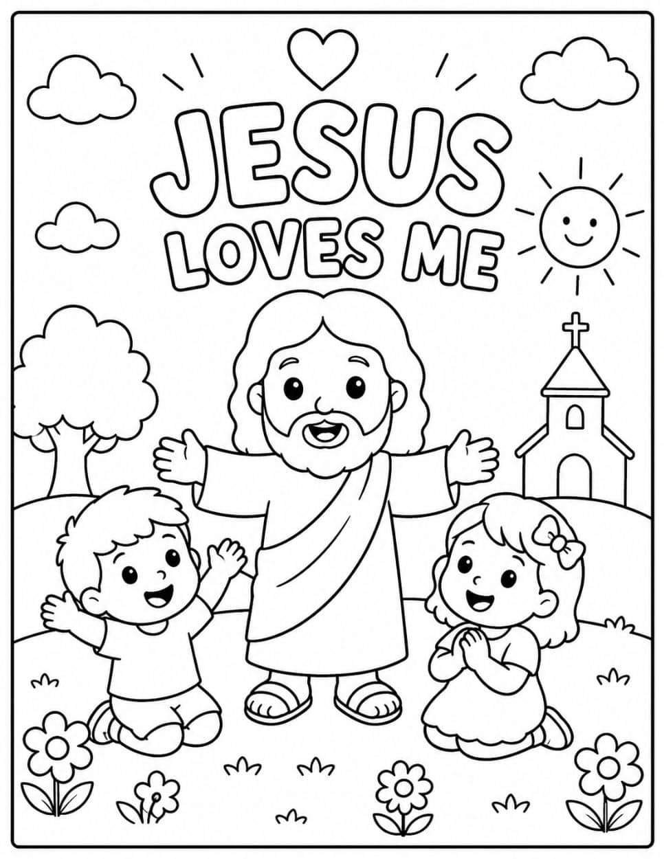 21 Free Christian-Themed Coloring Pages 17 Jesus Loves Me coloring page with Jesus arms open and two kneeling children