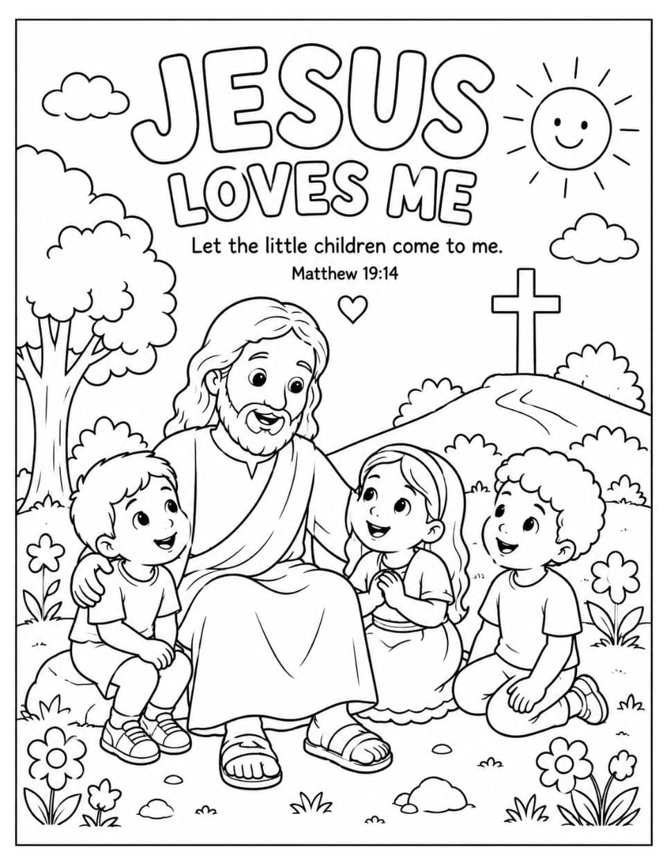 21 Free Christian-Themed Coloring Pages 18 Matthew 19:14 coloring page with Jesus seated among children in a meadow